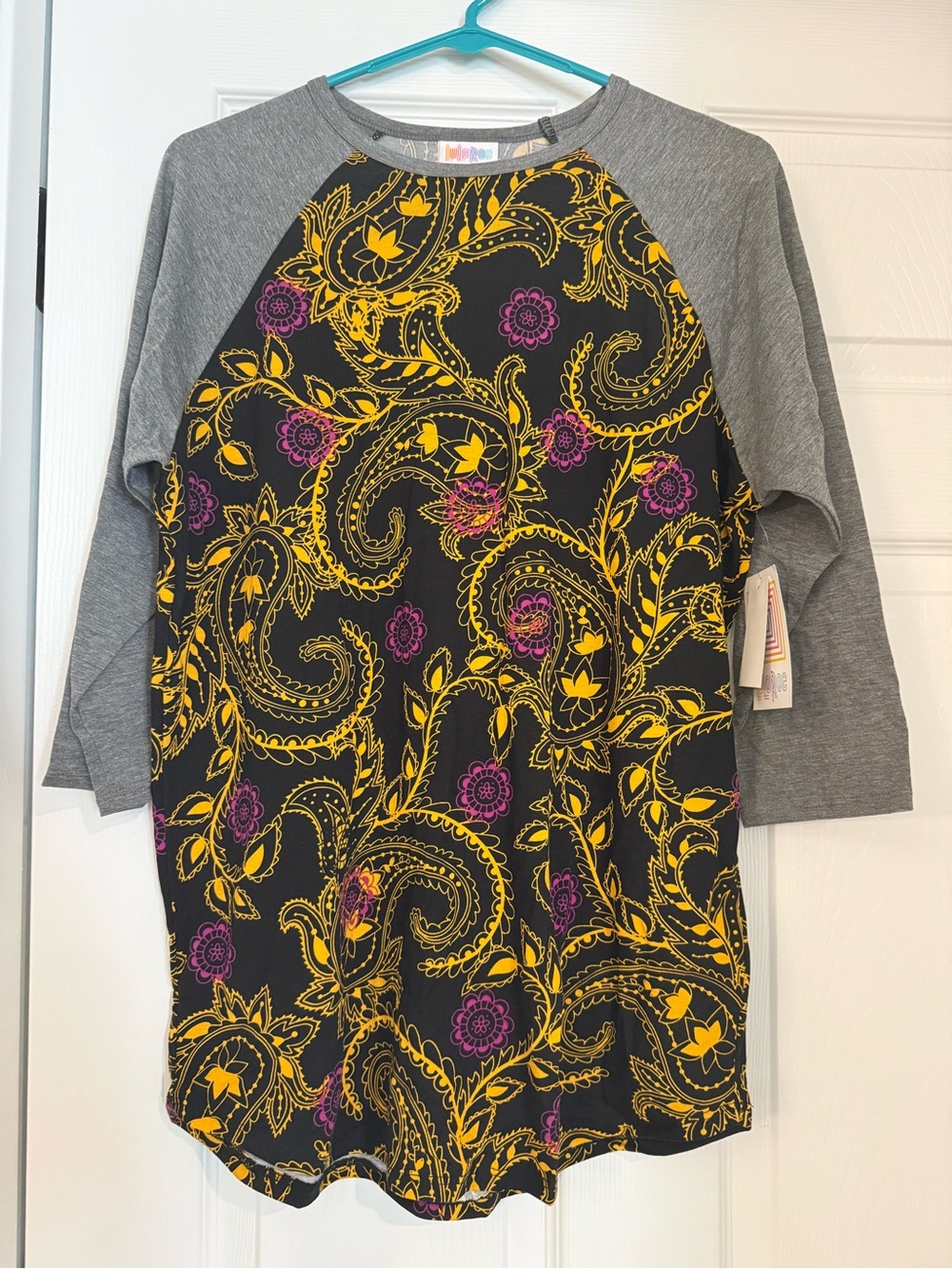 LuLaRoe Randy Raglan Top - Black, Gray, Yellow, Purple